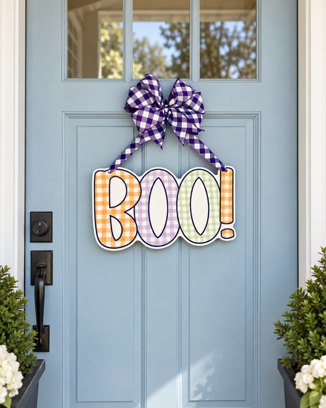 Gingham Boo Halloween door hanger with matching purple gingham bow for front door decor