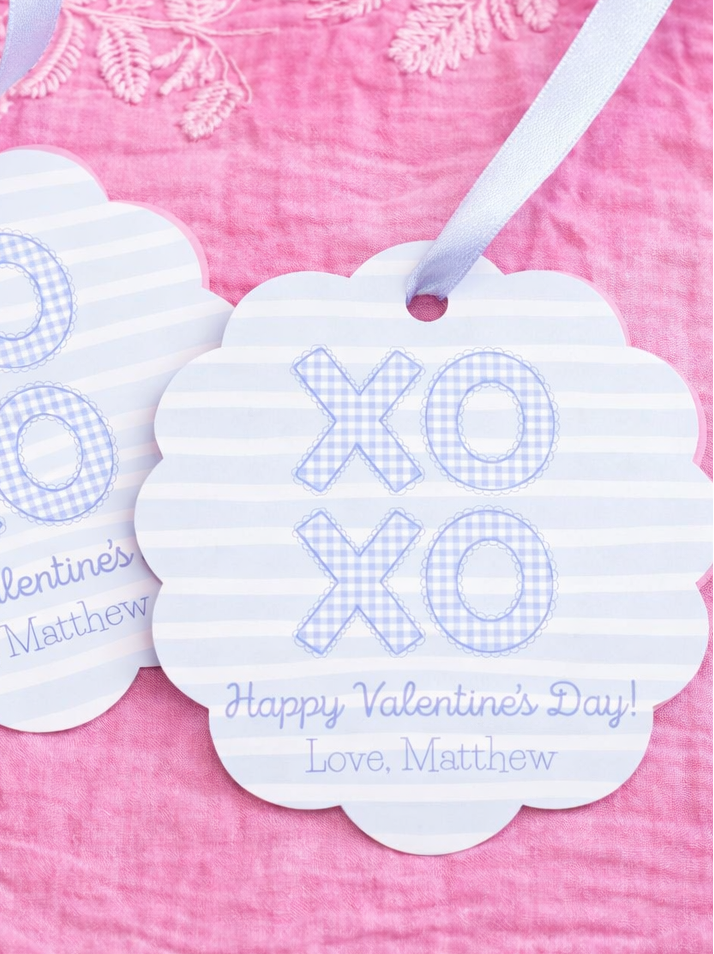 Blue XOXO  Scalloped Circle Valentine's Day Gift Tag