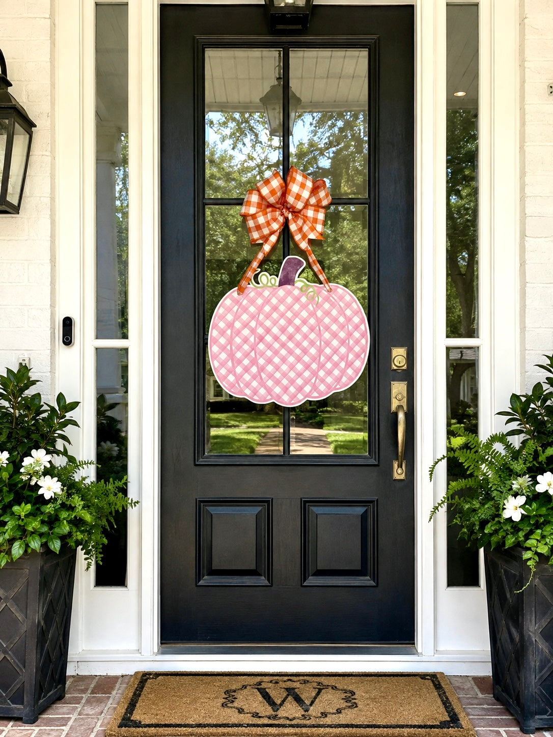 Pink Plaid Pumpkin Door Hanger